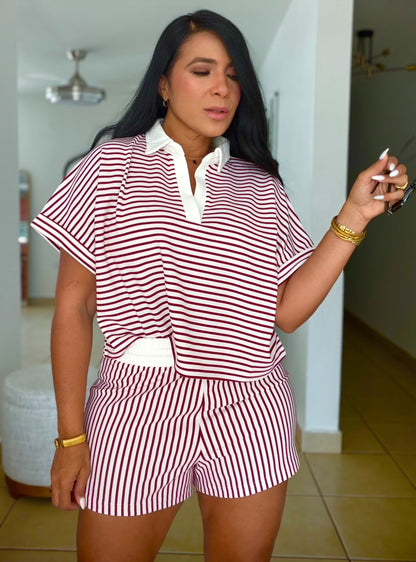 Cabernet Red Striped Spandex Luxe pants and Blusòn Shorts Set