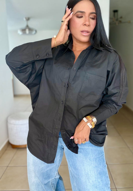 “Zura” Luxe Blacky Black Oversized 100% Cotton Oversized Blouse