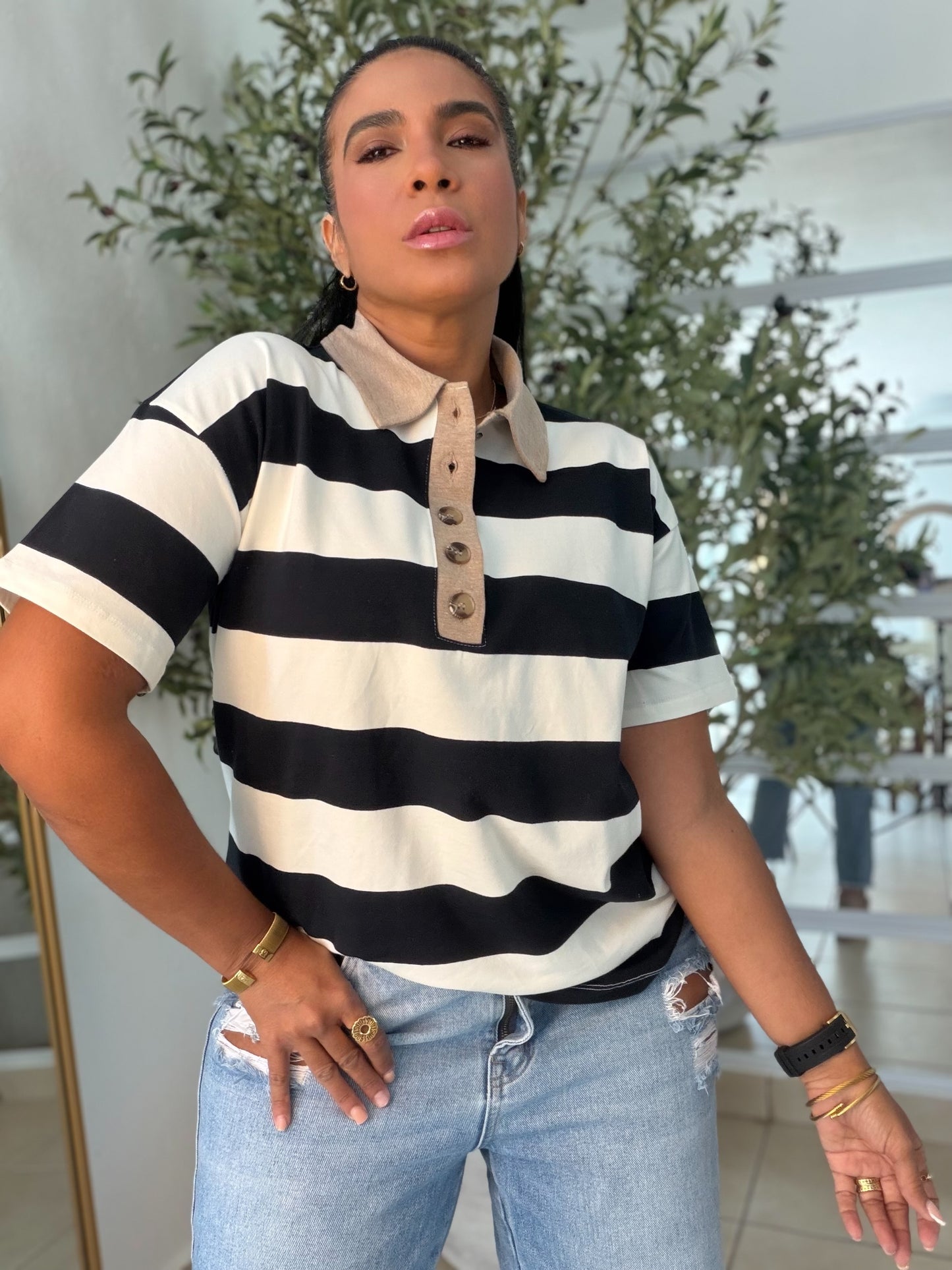 Blacky Black and White Luxe Spandex Premium Striped Polo Shirt (camisa con lìneas color negro)