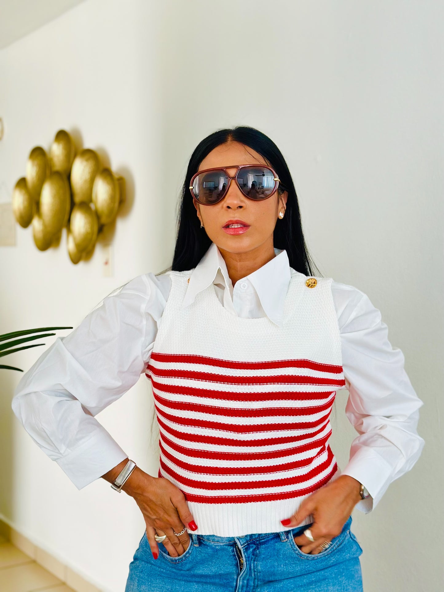 Knit Spandex Marinera Top Red and White