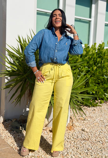 Y definitvamente es mío!! Omg! Yellow Luxe Linen Spandex Pants (elàstico en cintura) Baggy Wide Leg (único color)