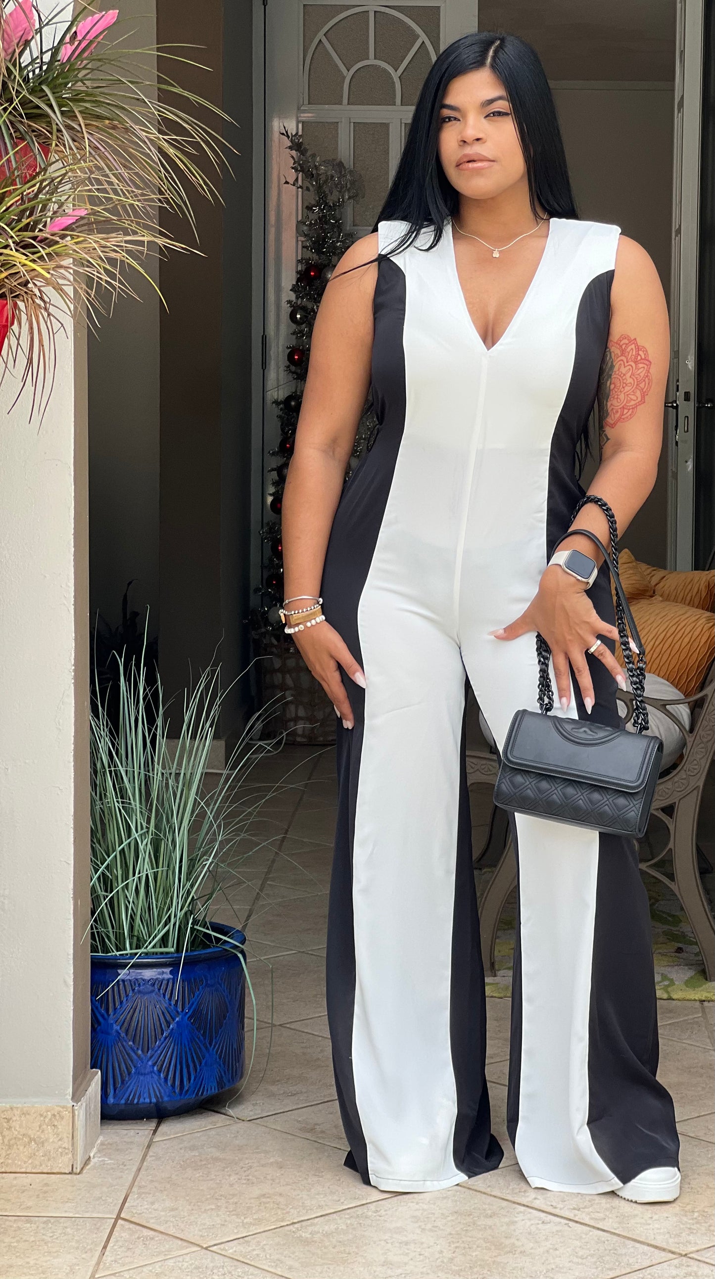 Black and White Luxe Wide Leg Jumpsuit