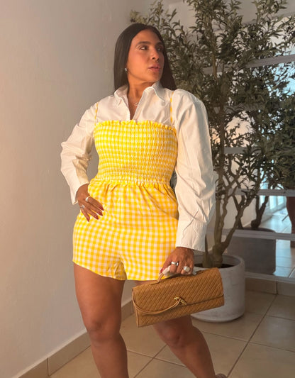 Canarias Yellow Spandex Romper (tiene bolsillos y ajustable en manguillos) único color