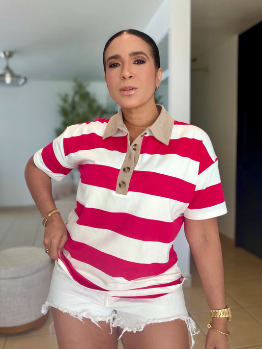 Ruby Red Striped Spandex Polo Top (SOLD OUT)