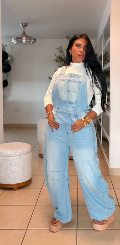 Baggy Barrel Spandex Overall Mega Premium.  Denim light Blue.