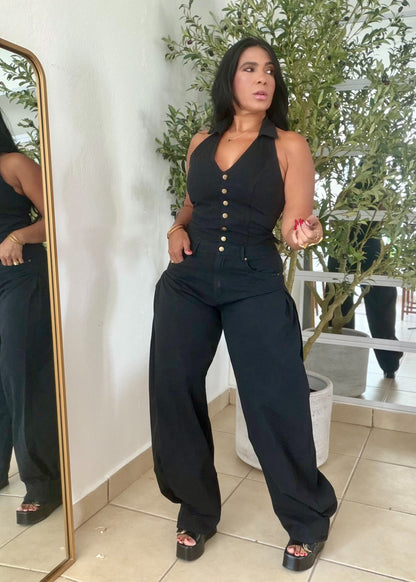 El Blacky Black Spandex Denim Vest Jumpsuit (tiene bolsillos)