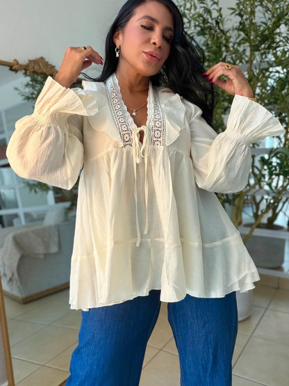 Mujeres Beige Luxe Blouse (mangas spandex)