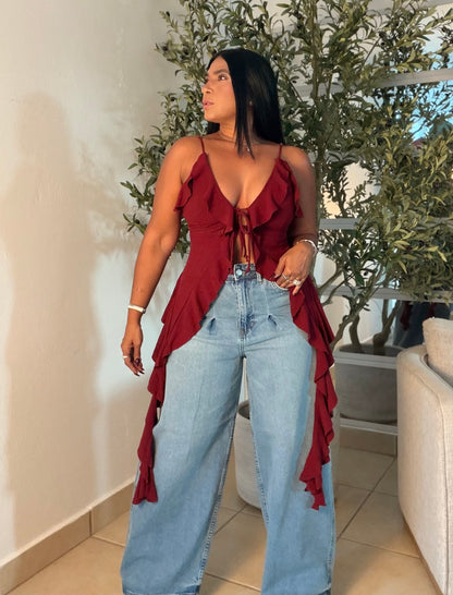 Red Wine Spandex y Ajustable Ruffle Top (COLOR RED WINE) SOLD OUT GRACIAS