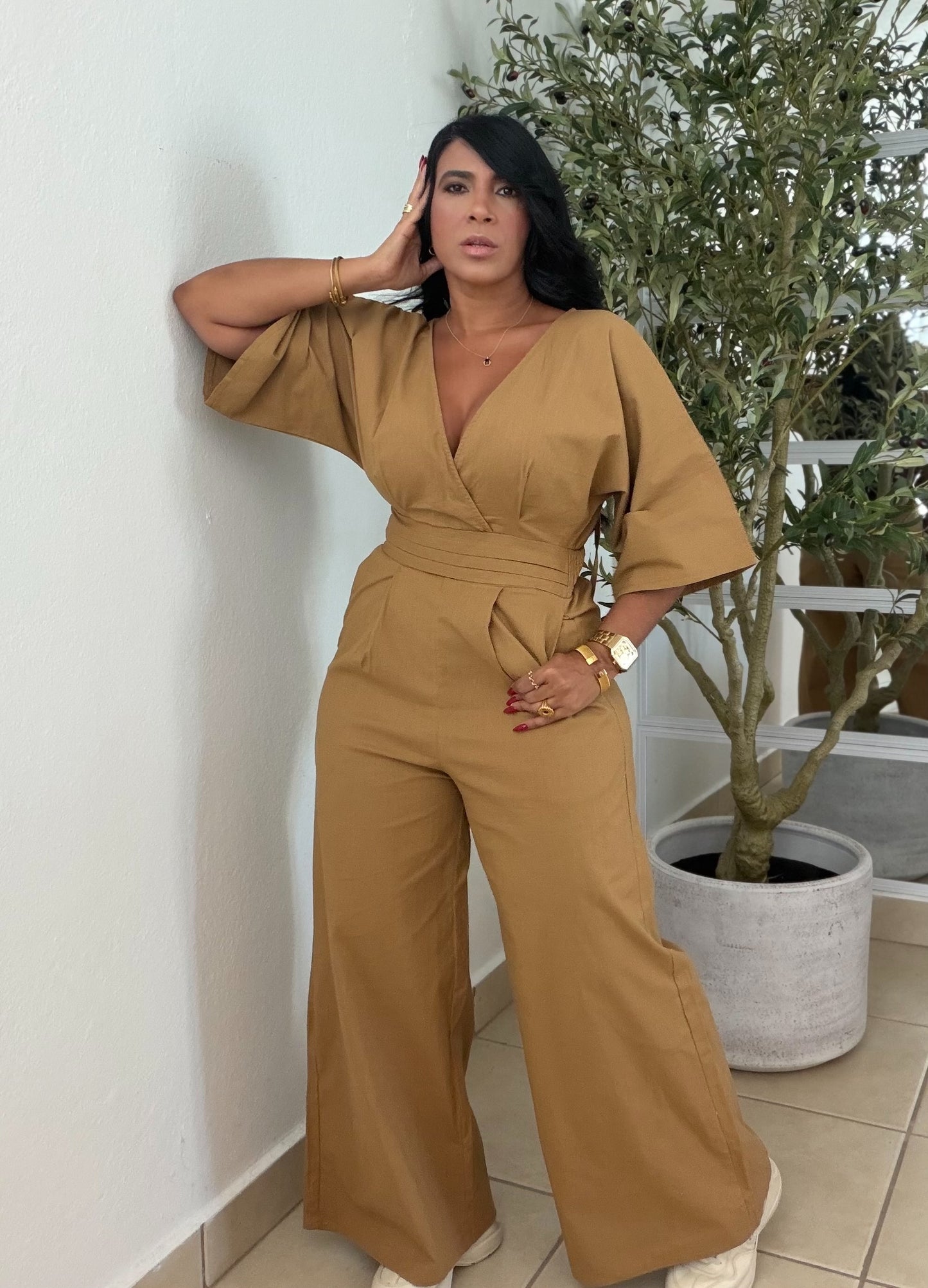 Bello Gold Brown Liner Bien Spandex Wide Leg Jumpsuit (tiene bolsillos)