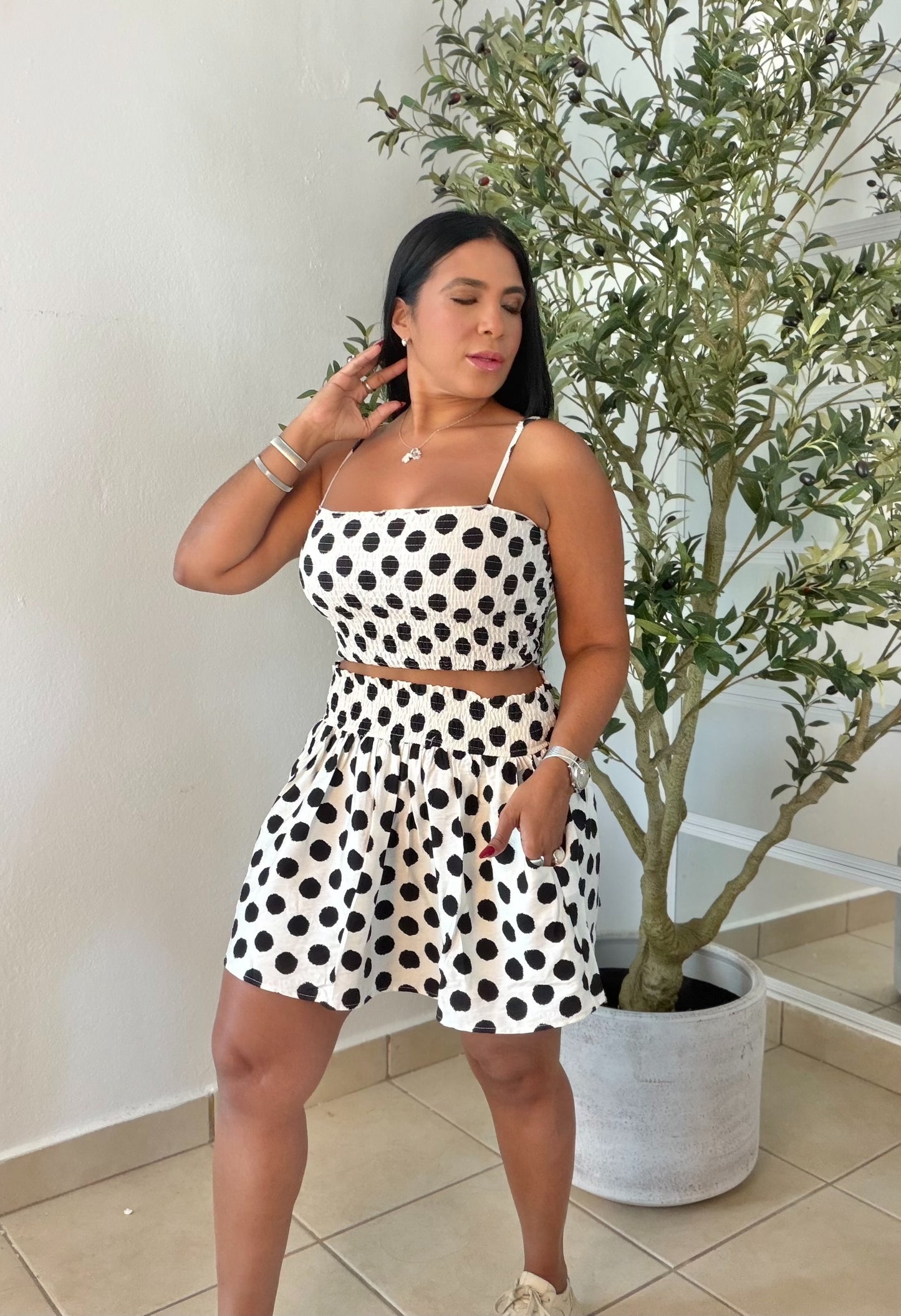 Polka Dots Spandes Set de Top y Falda (tiene bolsillos)