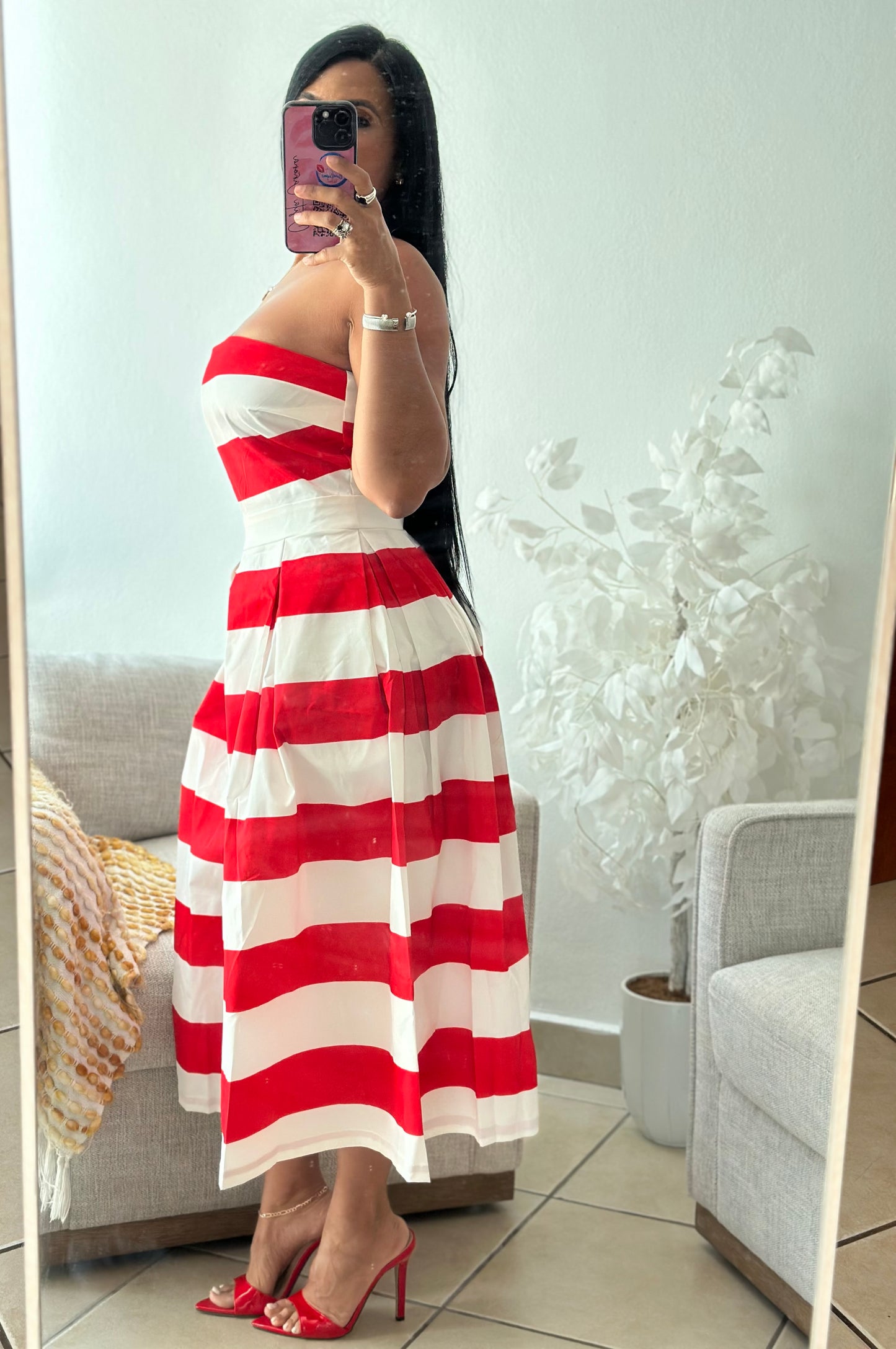 Red and White Tube Midi Dress