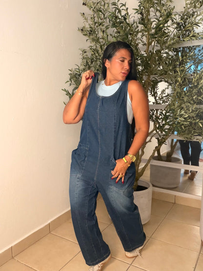 Baggy Dark Denim (azul oscuro) con bolsillos Overall Ajustable Mega Premium Barrel