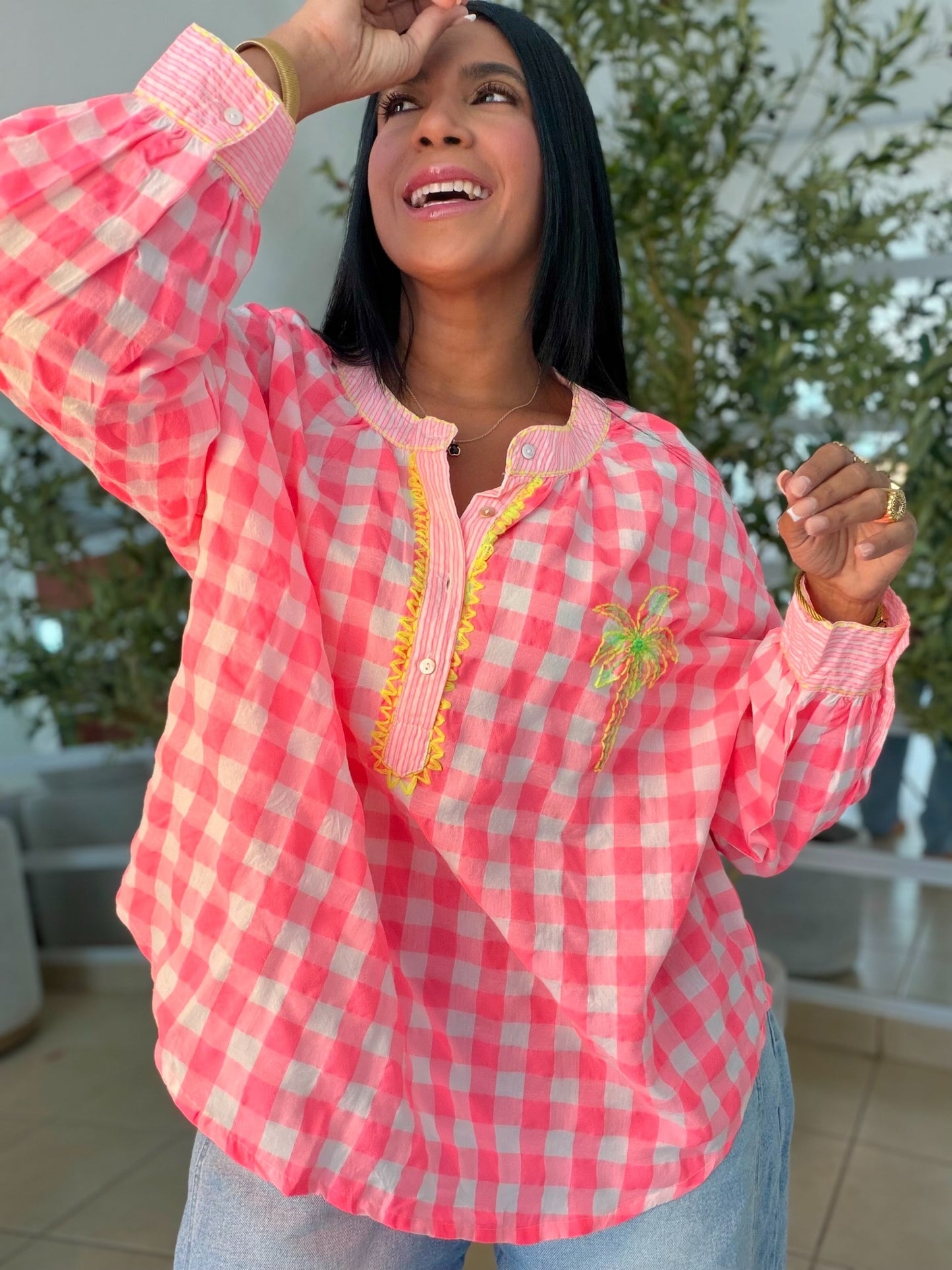 The Palms Luxe Oversized Gingham Blouse (Blusòn Oversized) Neon Multicolor