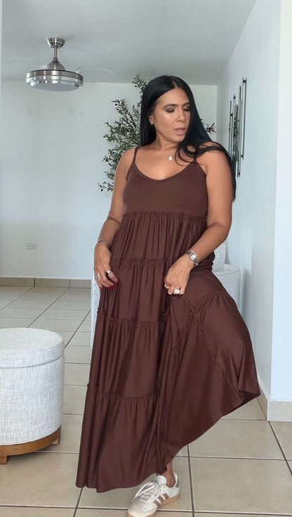 Choco Brown Maxi Dress (ajustable en manguillos y tiene bolsillos) PRE ORDEN)