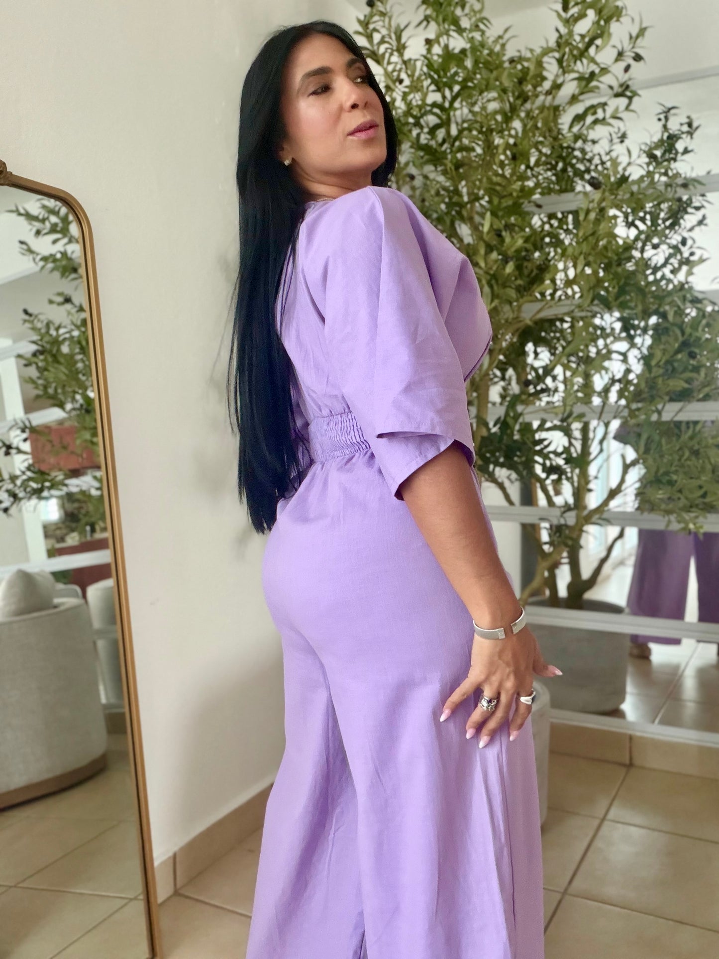 Bello Lavander Lila (Violeta) Bien Spandex Wide Leg Jumpsuit (tiene bolsillos) PRE ORFEN LLEGA SÁBADO)