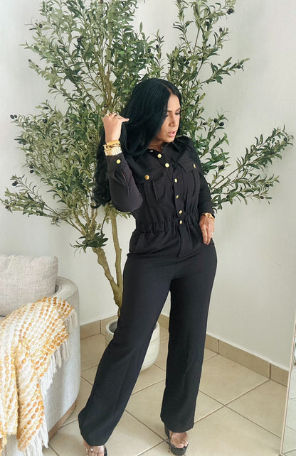 Vallenato Black Spandex Jumpsuit With Pockets (botones dorados)