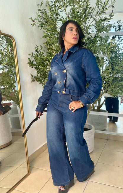 Set Denim Blue  De Top Jacket y Mahòn. Todo es bien expandible. Incluye correa (small me queda grande) son tres piezas (SOLD OUT GRACIAS)