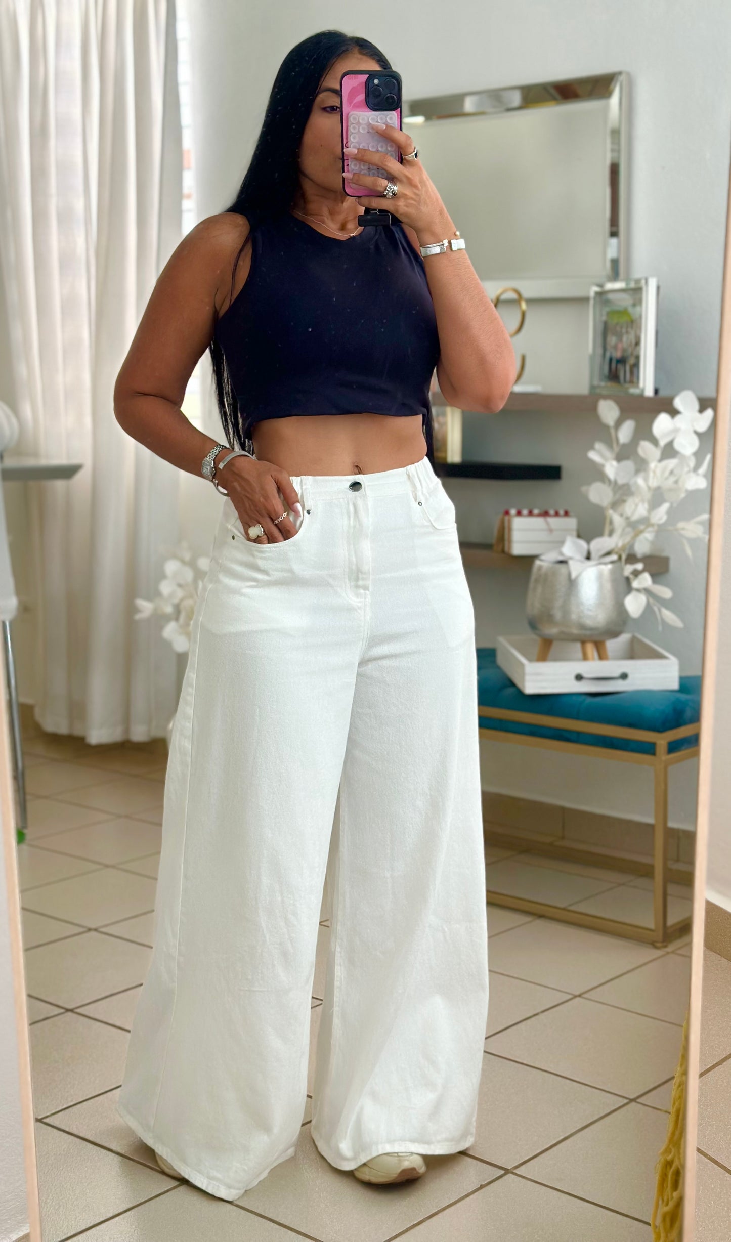 Divine Mega Spandex Wide Leg Trend Pants (Oversized) tiene bolsillos (WHITE DENIM NO CLAREA) Oversized