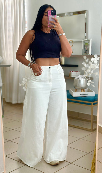 Divine Mega Spandex Wide Leg Trend Pants (Oversized) tiene bolsillos (WHITE DENIM NO CLAREA) Oversized