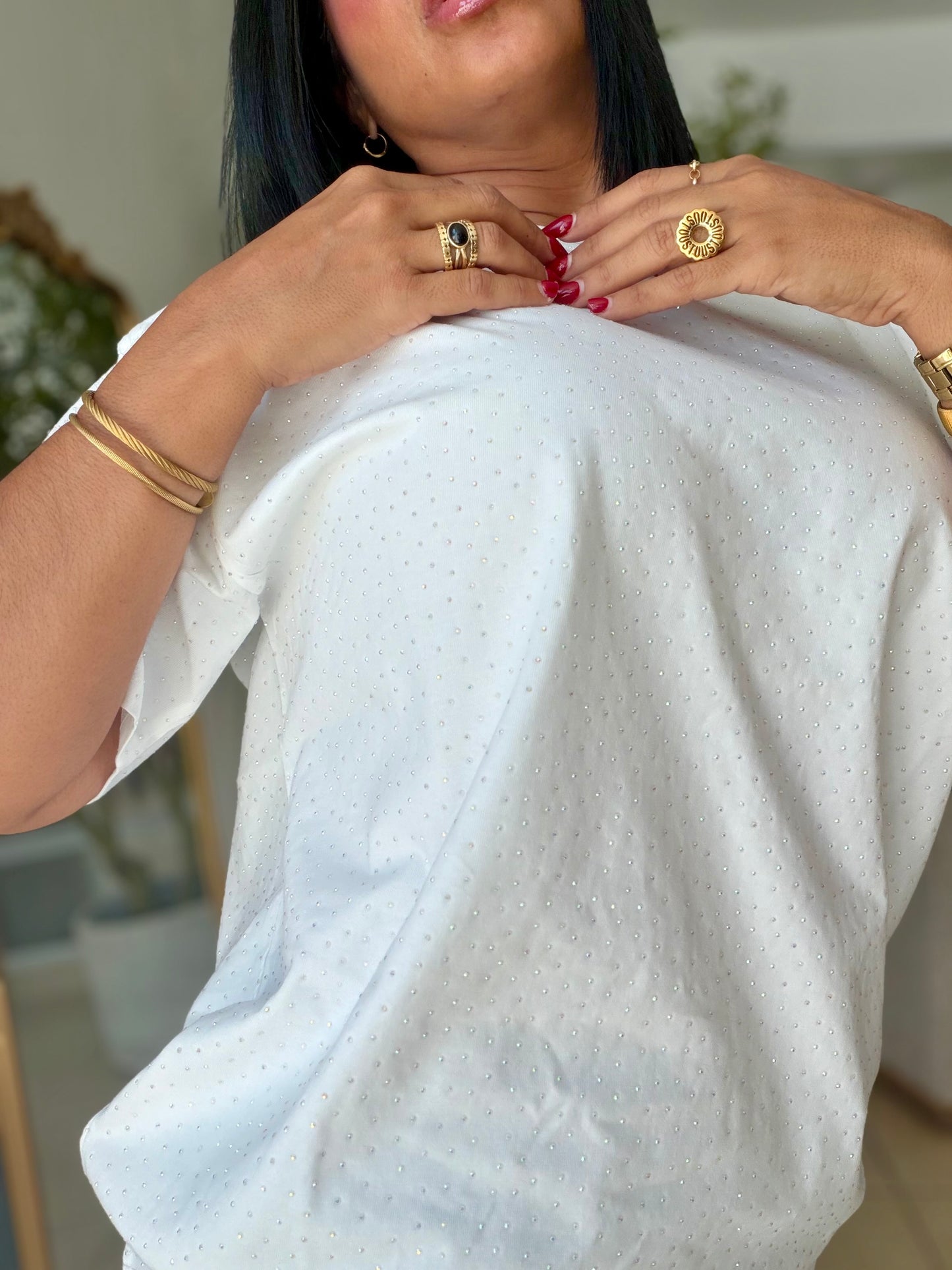 Oversized Premium CottonWhite Top con brillitos fijos (color Blanco) Luxury