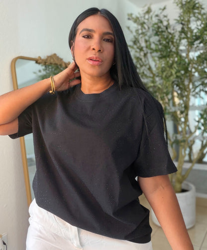 Oversized Premium Cotton Blacky Black Top con brillitos fijos (color Blanco) Luxury