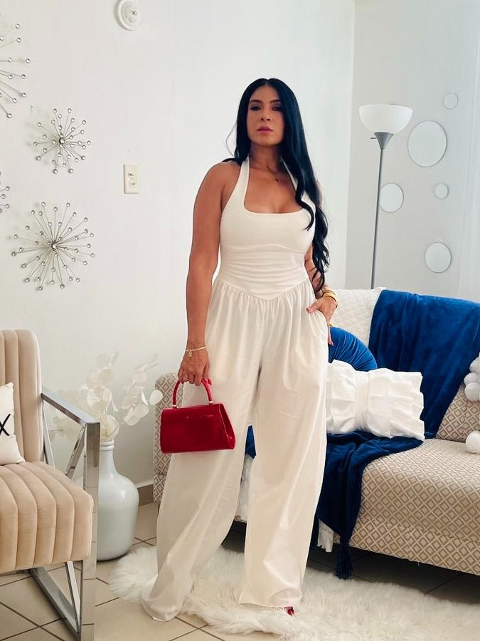 Luxe White Spandex Wide Leg Jumpsuit (Tiene bolsillos)