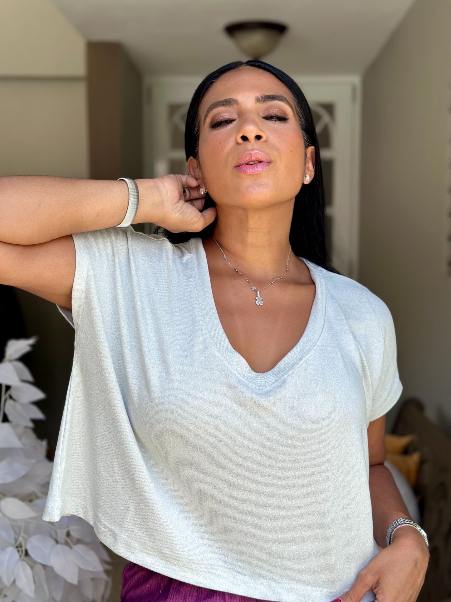 Light Gray Basic V-Neck Top