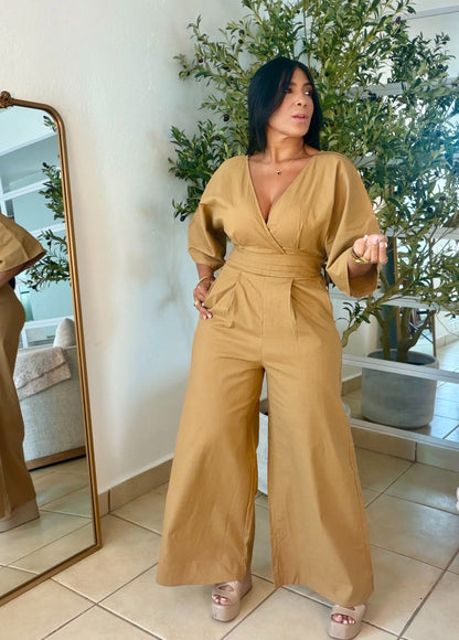 Bello Gold Taupè Bien Spandex Wide Leg Jumpsuit (tiene bolsillos)