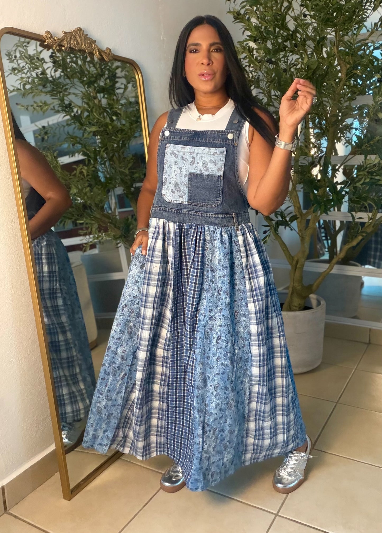 Denim Patches Oversized Dress (tiene bolsillos y ajustable a gusto en mangos)