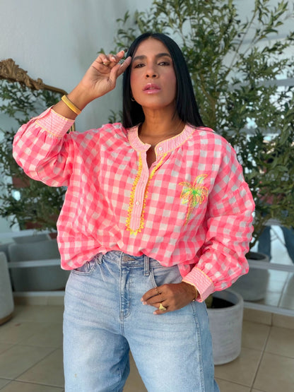 The Palms Luxe Oversized Gingham Blouse (Blusòn Oversized) Neon Multicolor