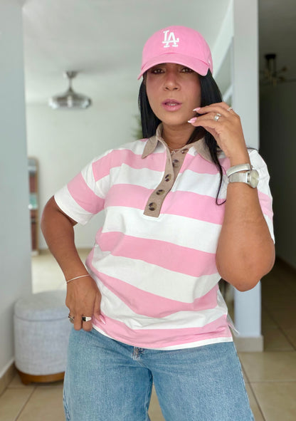 Pink Pink Striped Spandex Polo Top De Lujo (PRE ORDEN) SOLD OUT