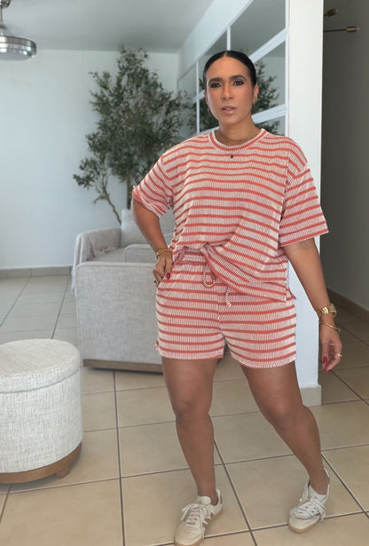 Divas Orangw and White Striped Spandex Luxe pants and Blusòn Shorts Set (SOLD OUT)