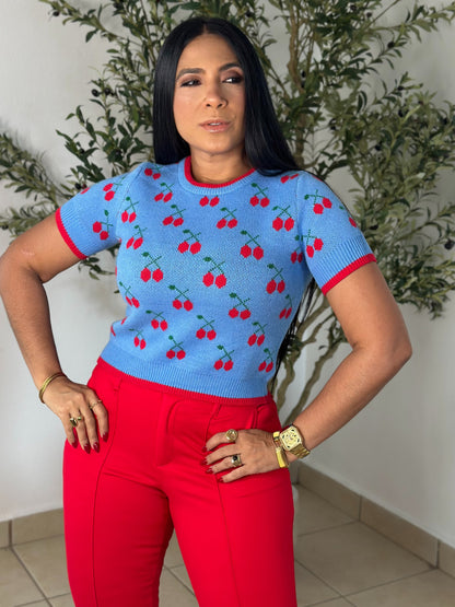 Red/Blue Cherry Spandex Top ( Mega bella, liviana, cómoda y expandible)