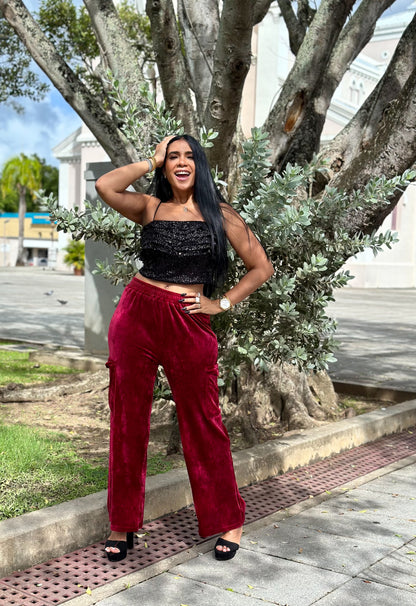 Iana Burgundy Velvet Spandex Cargo Pants