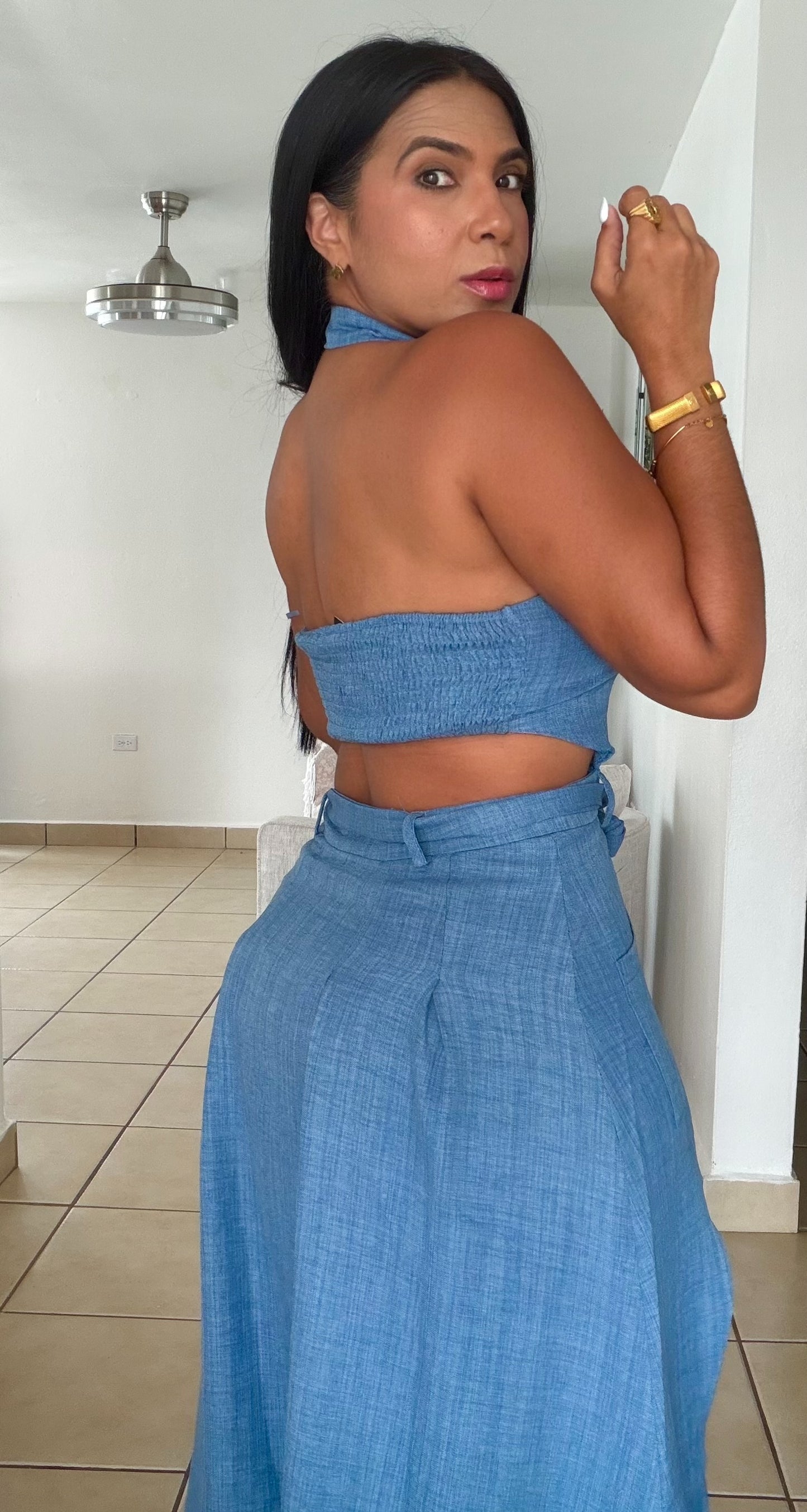 Denim Blue Halter Spandex Cut-Out Midi Dress