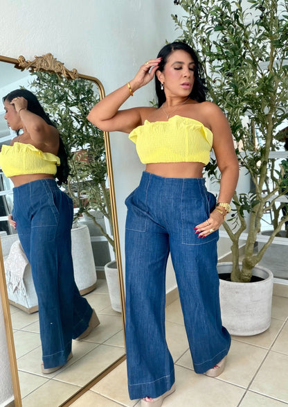 Denim Blue Wide Leg Spandex Jeans (tiene bolsillos, bien expandible y de talle alto) puesto small