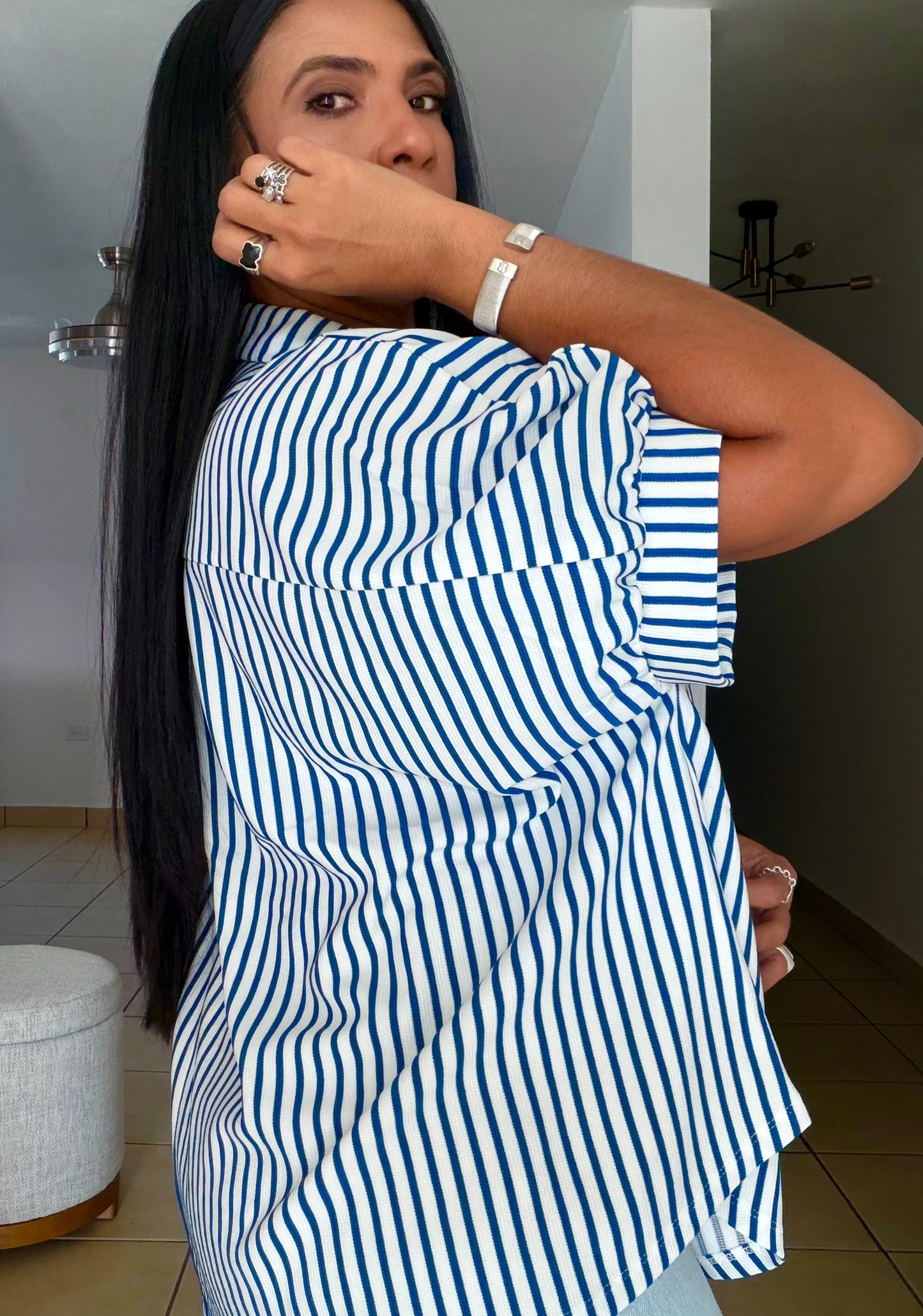 Ocean Blue Blue and White Oversized Stripe De Lujo Blusón