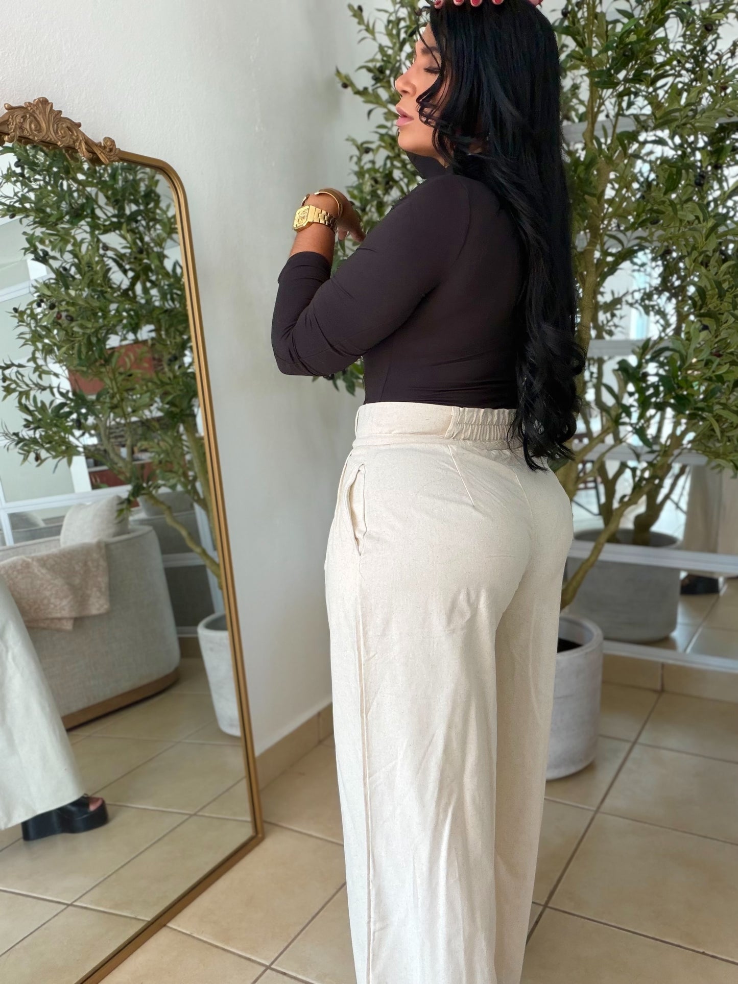 Premium Linen Spandex Pleated Crema Oatmeal Pants Wide Leg