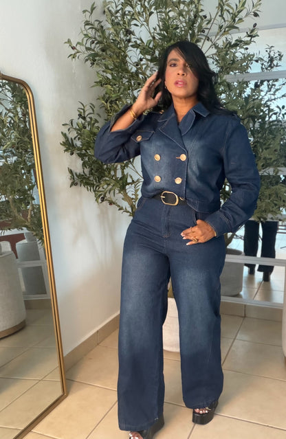Set Denim Blue  De Top Jacket y Mahòn. Todo es bien expandible. Incluye correa (small me queda grande) son tres piezas (SOLD OUT GRACIAS)