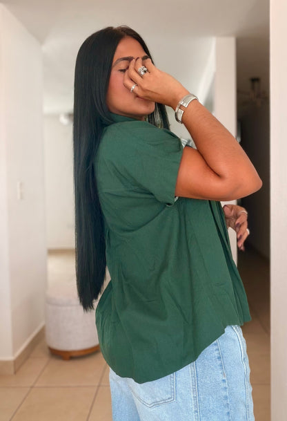 Luxe Hunter Green Linen Oversized Blusòn (mangas se usan de dos formas) Color Verde (SOLD OUT GRACIAS