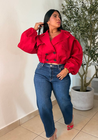 De Lujo Rojo Red  Spandex Blazer/Top (jacket) con bolsillos y botones.  Oversized