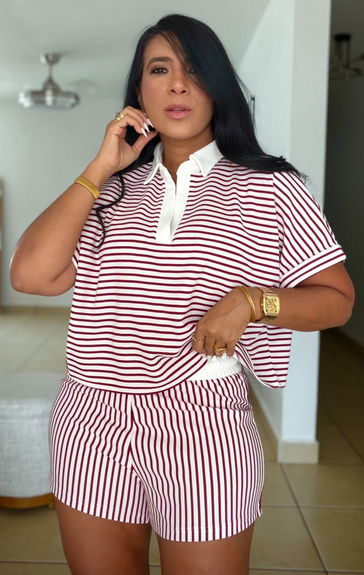 Cabernet Red Striped Spandex Luxe pants and Blusòn Shorts Set