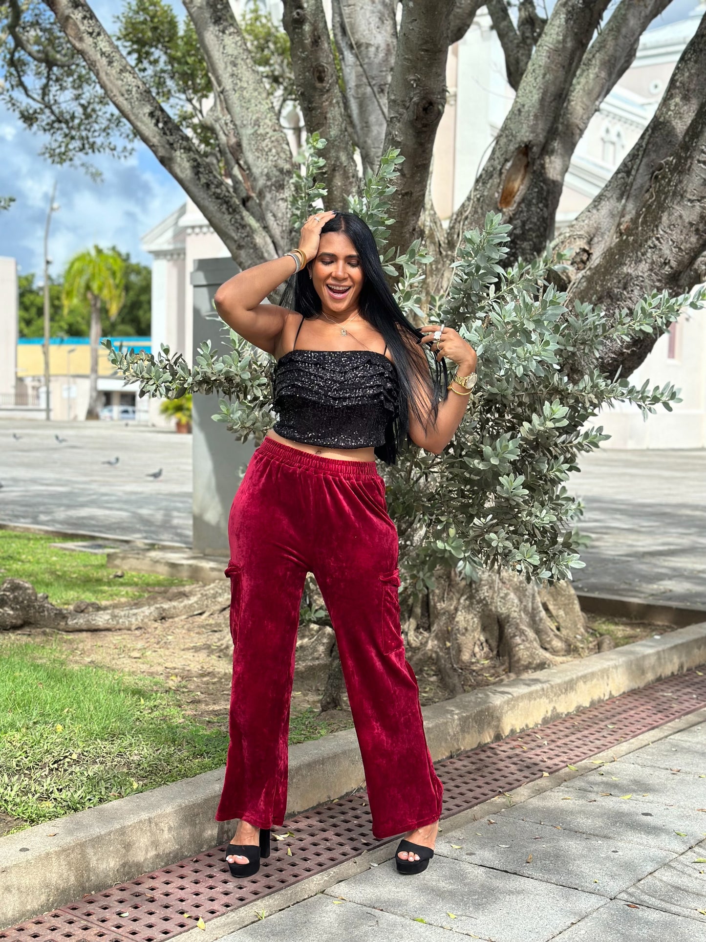 Iana Burgundy Velvet Spandex Cargo Pants