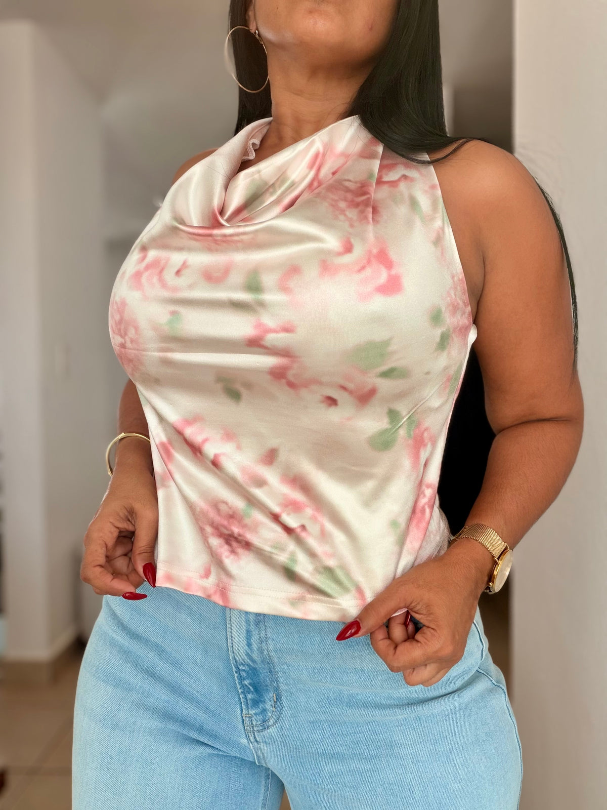 Halter Top Blusa de Lujo expandible pink and sage green (la ajustas con amarre en cuello)