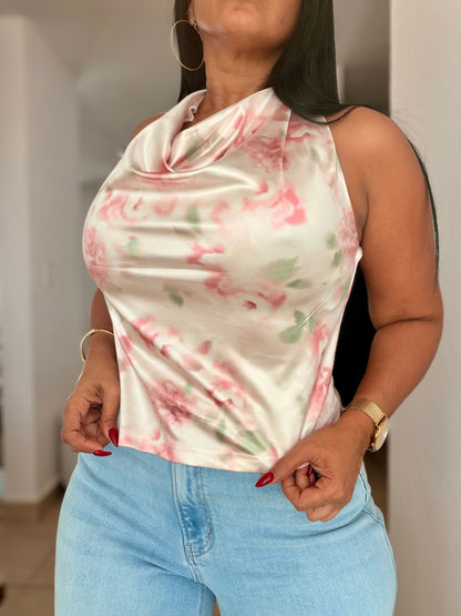 Halter Top Blusa de Lujo expandible pink and sage green (la ajustas con amarre en cuello)