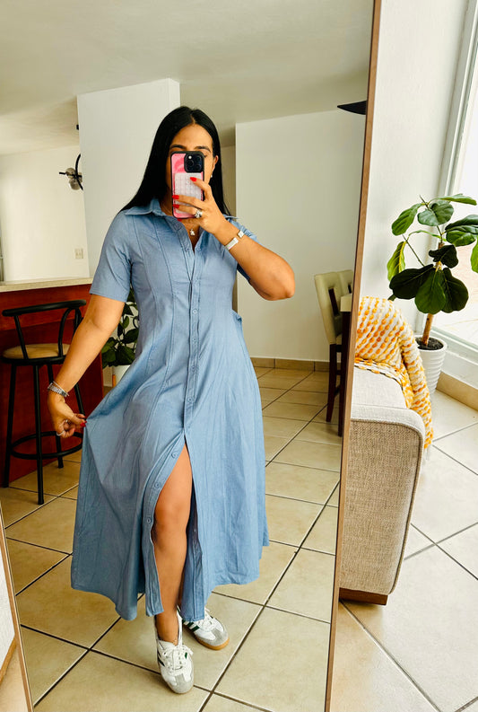 “Sola” Spandex Button Down DENIM Midi Dress ( es ajustable)