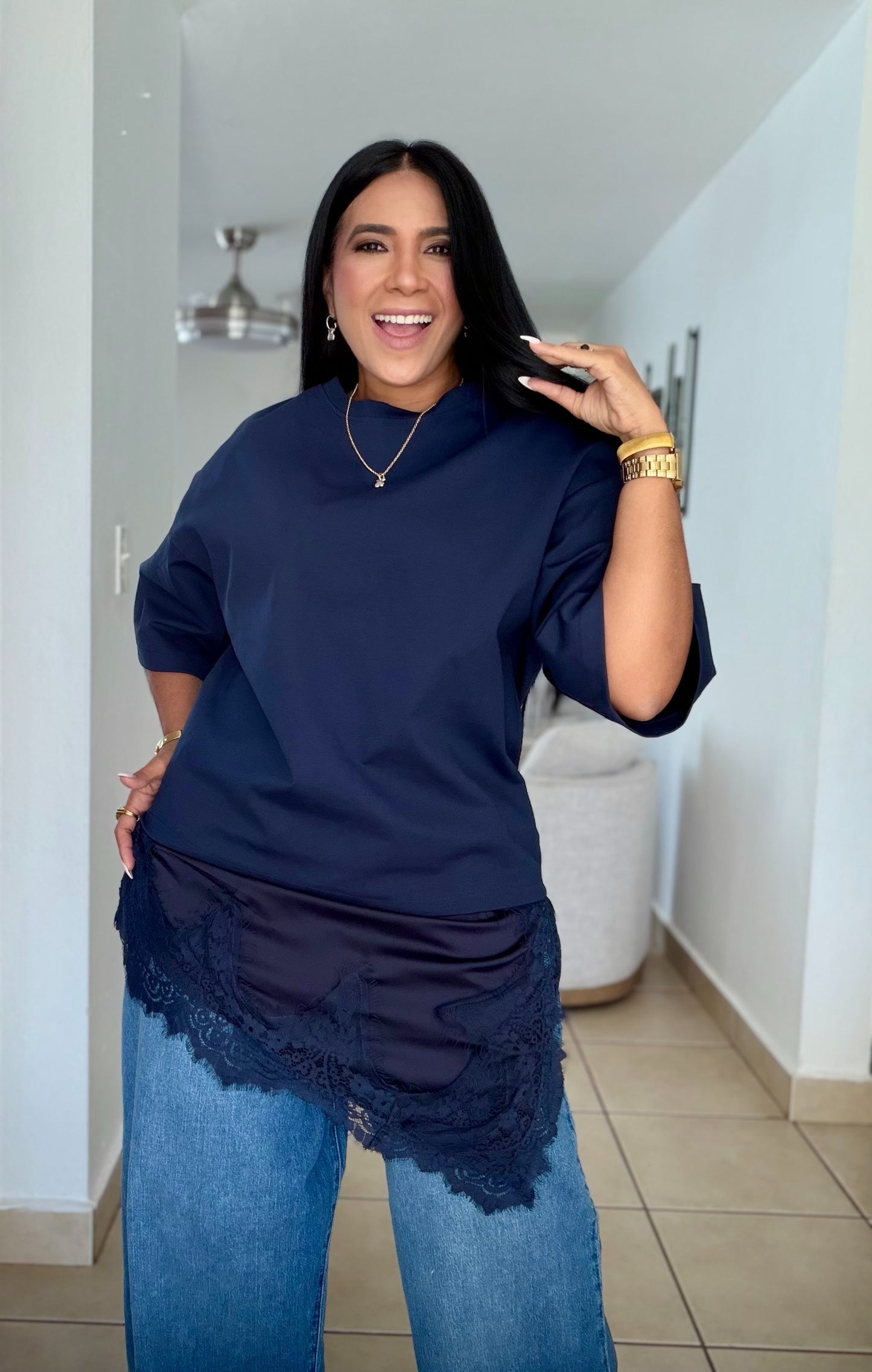 Lulu Oversized Luxe Navy Blue Shirt with lace