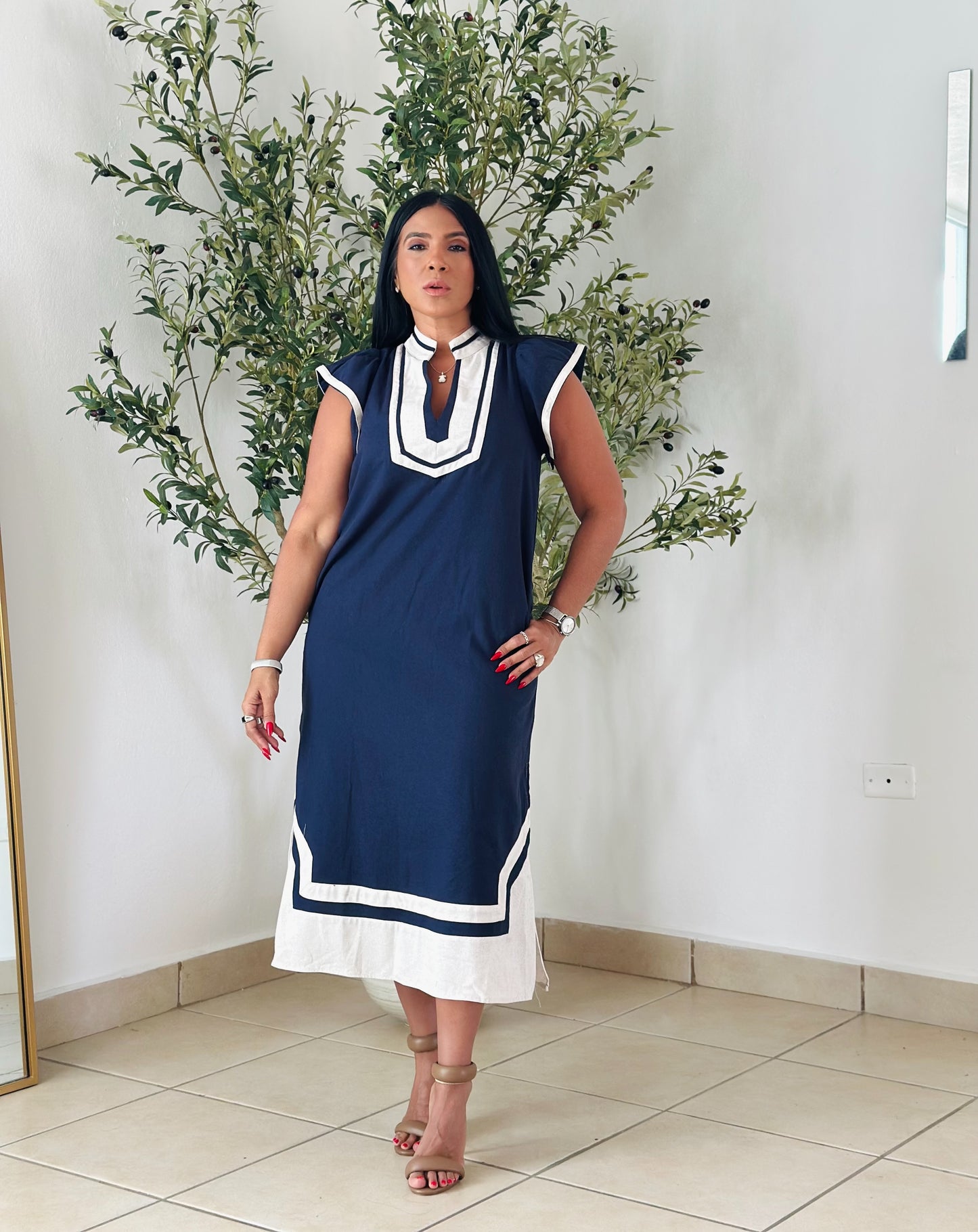 De lujo Ana y Blue Linen Spandex Midi Dress con bolsillos