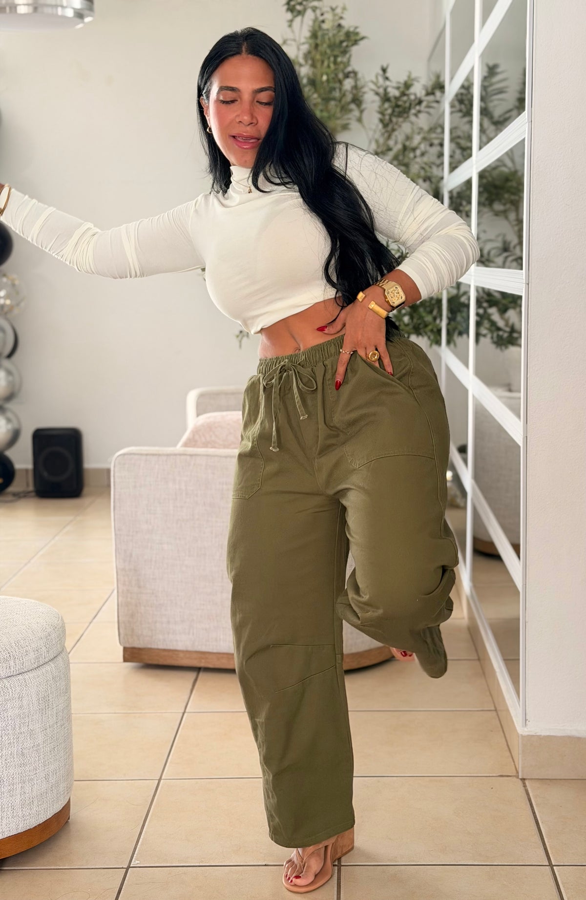 Alma Luxe Olive Spandex Total Baggy Pantalòn con bolsillos. 100% cotton (verde olivo) SOLD OUT GRACIAS