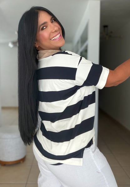 Blacky Black and White Luxe Spandex Mega Premium Striped Polo Shirt (SOLD OUT)